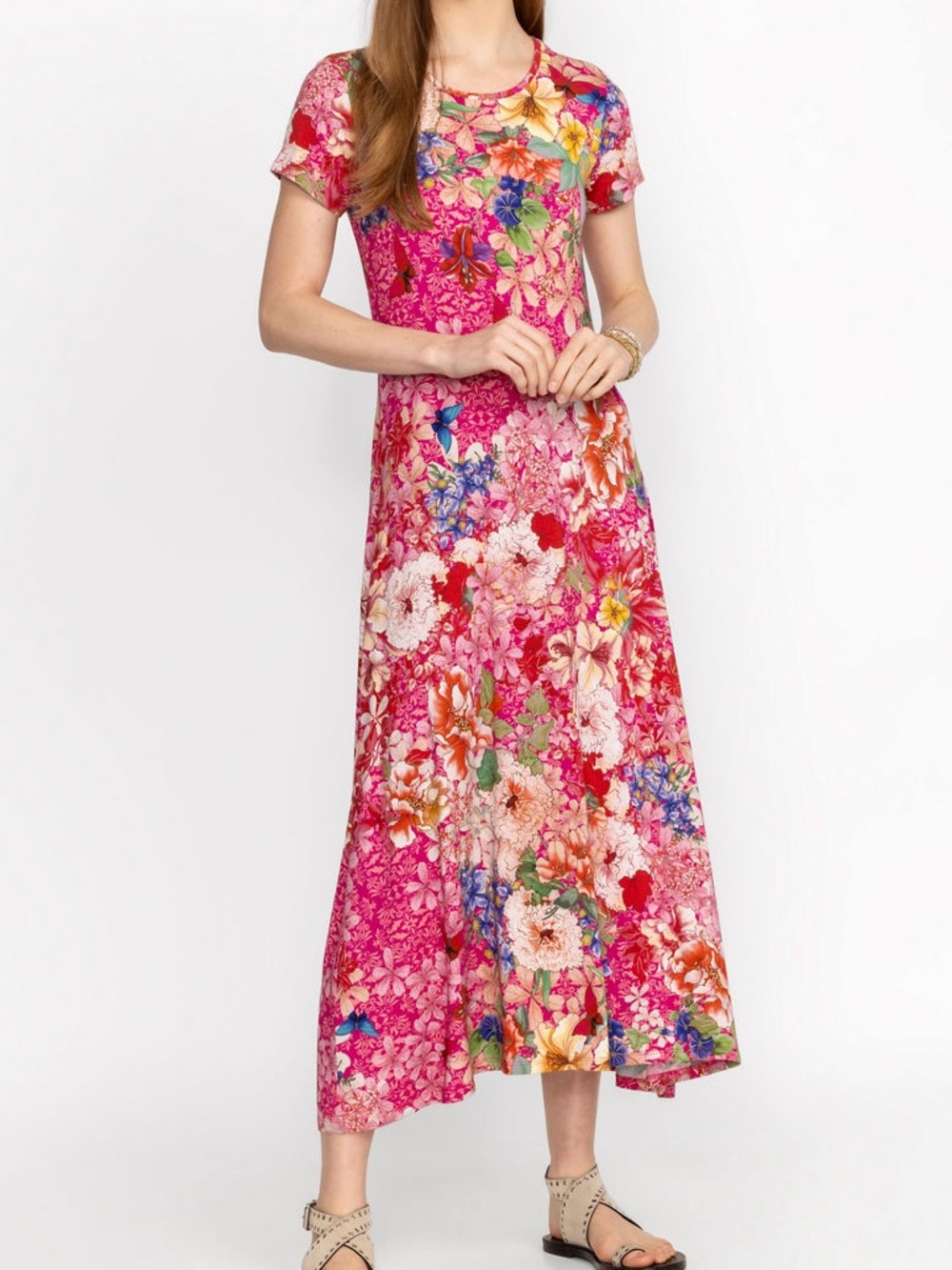 Johnny Was Janie Favorite Pink Floral Short Sleeve Midi Dress Boho Small